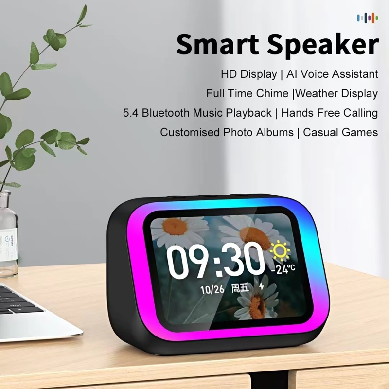 Subwoofer - KI-Sprachassistent Bluetooth-Lautsprecher mit RGB-Farbbeleuchtung, Wecker, LED-Bildschirm,